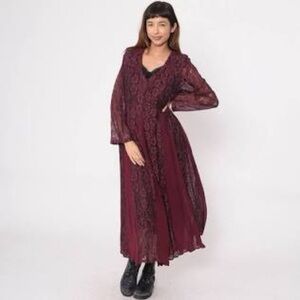 Vintage Vtg 90s Nostalgia Maroon Lace Midi Dress V Neck Dark Academia witchy sm